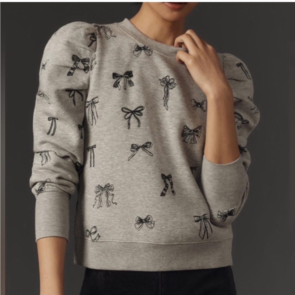Anthropologie Maeve Embroidered Bow Puff Sleeve Sweatshirt